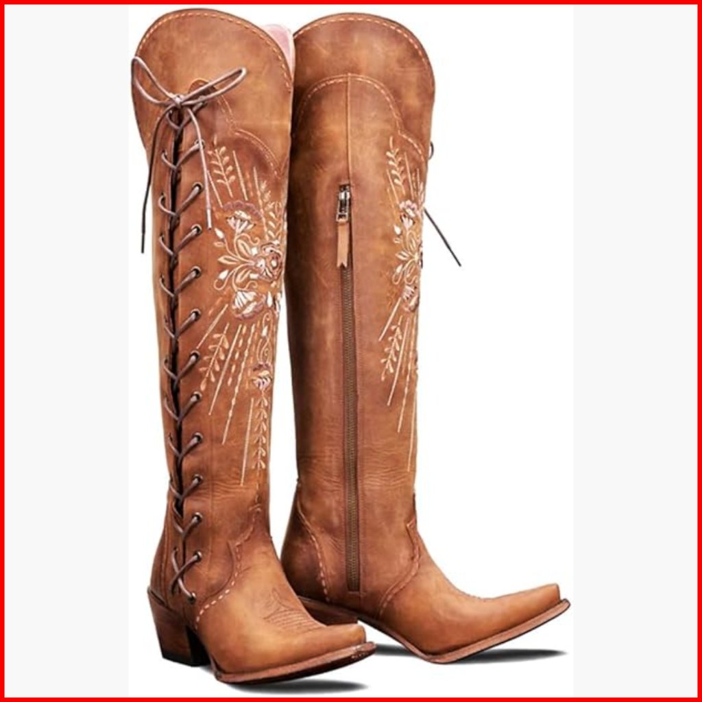 Wide Calf Over-The-Knee Cowboy Boots, Pointed Toe Embroidered Western Boots